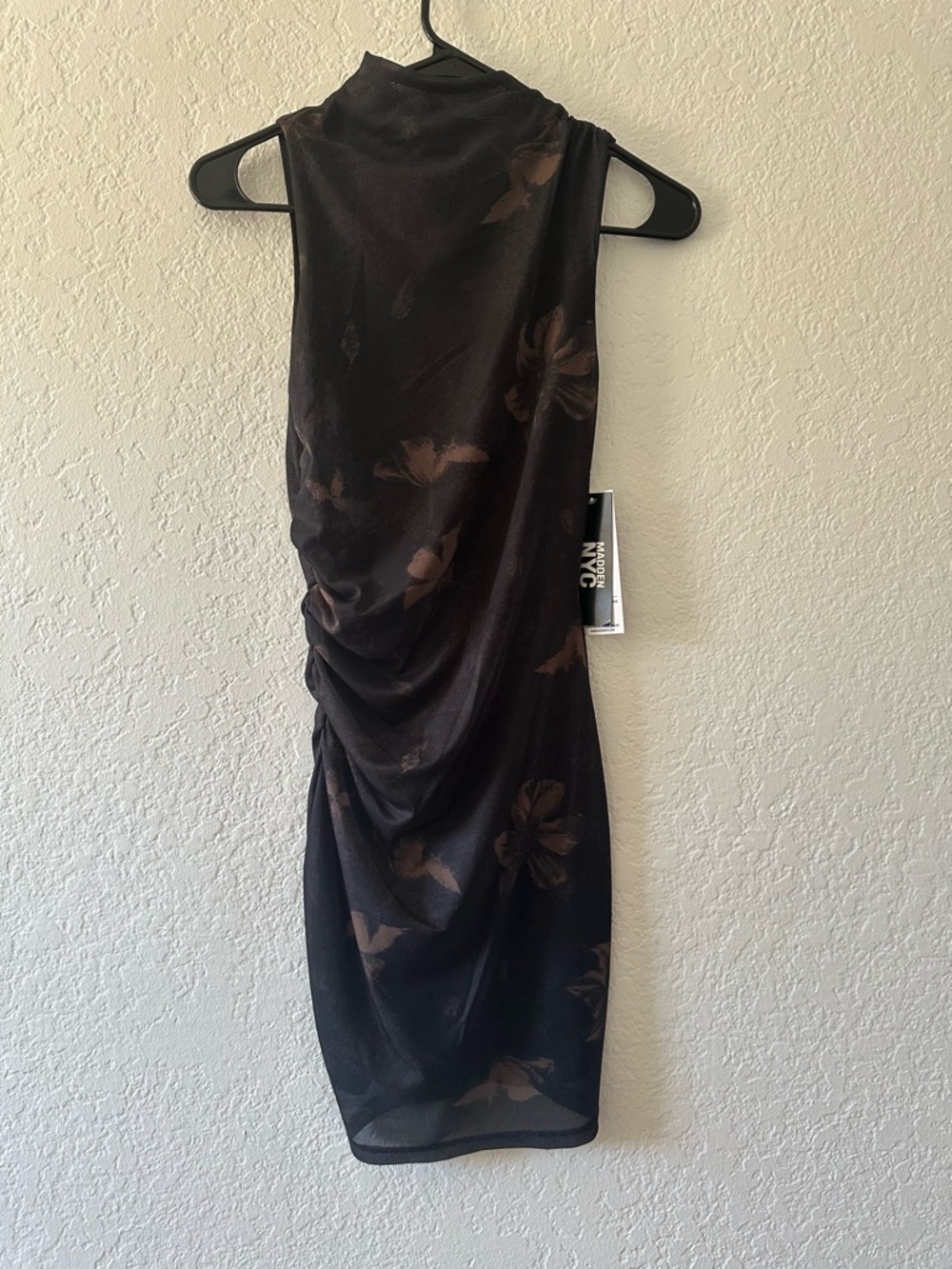 NYC Black Dress with Brown Floral Print and Ruched Side